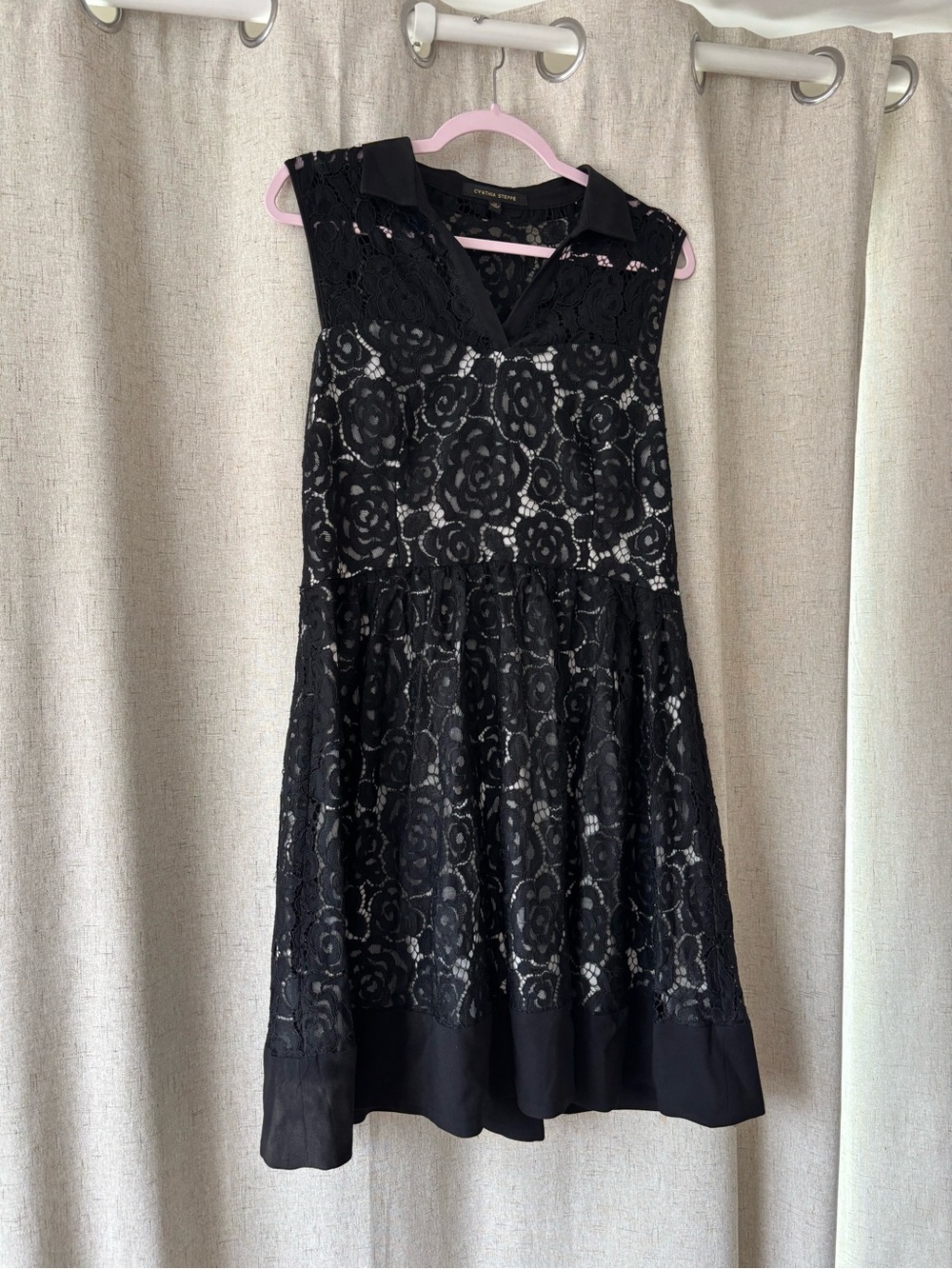 Cynthia Steffe Black Floral Lace Collared Midi Dress